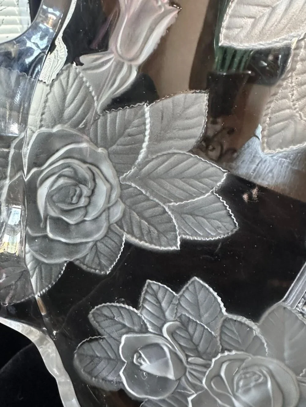 Vintage Mikasa Raised Rose Glass Platter Frosted Floral Tray Footed Snack Bowl
